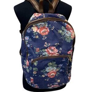 Navy Blue Pink Floral Faux Leather Trimmed Machine Washable Backpack Book Bag